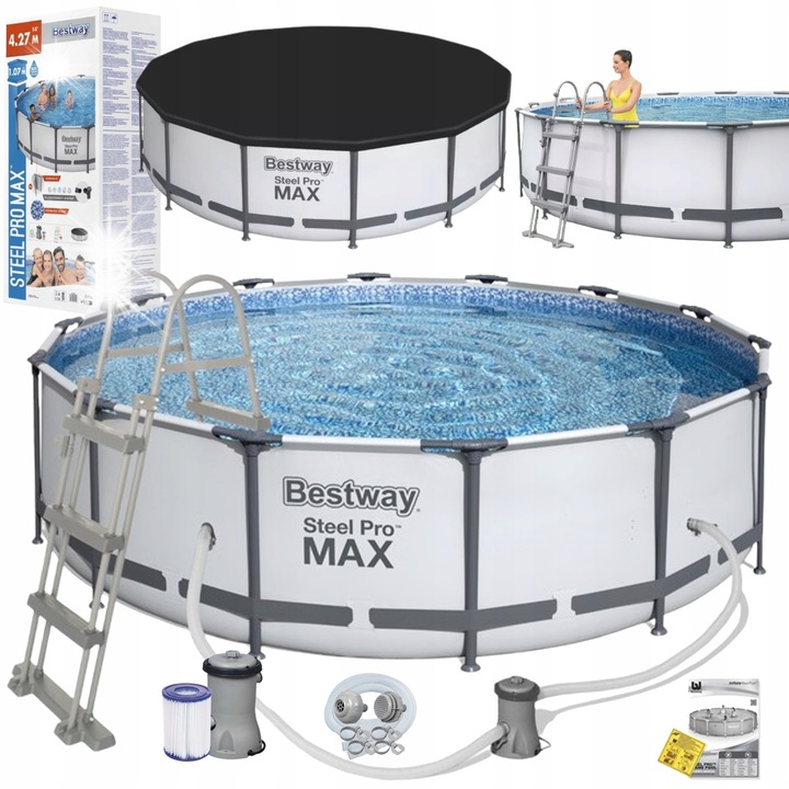 Комплект басейн с метална конструкция Bestway 427x107 см, филтрираща помпа 3028L/h, стълба, покривало, многоцветен