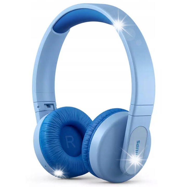 Casti wireless Philips TAK4206 pentru copii, Bluetooth, iluminare LED, limitare volum 85 dB, control parental in aplicatie, 28 h autonomie, jack 3,5 mm, pliabile, albastru