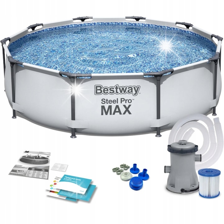 Kerek medence szerkezettel, Bestway, 305x76cm, komplett szett szűrőpumpával, 3 rétegű PVC, fehér-kék