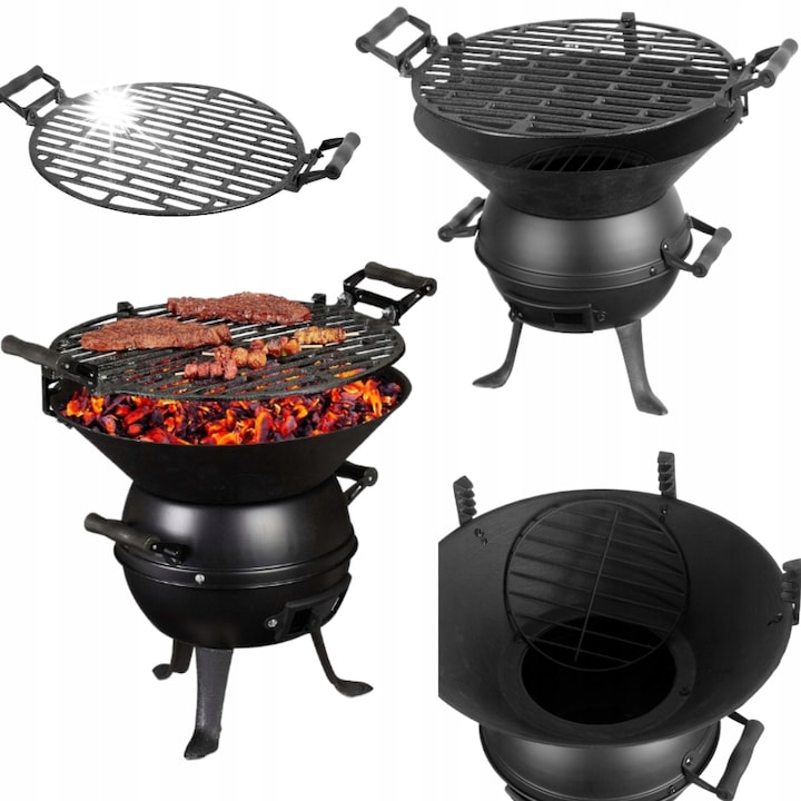 Kociolek gradina portabil, gratar din fonta, 3 trepte inaltime, 35cm diametru, negru