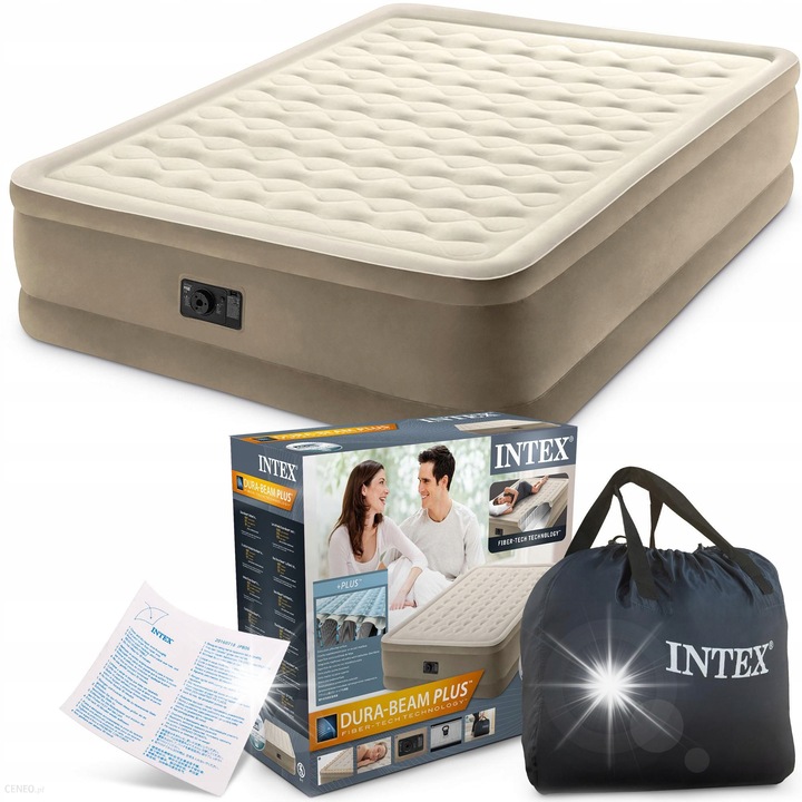 Двоен надуваем дюшек за къмпинг Intex, 203x152x46см, материал PVC и велур, с електрическа помпа, крем