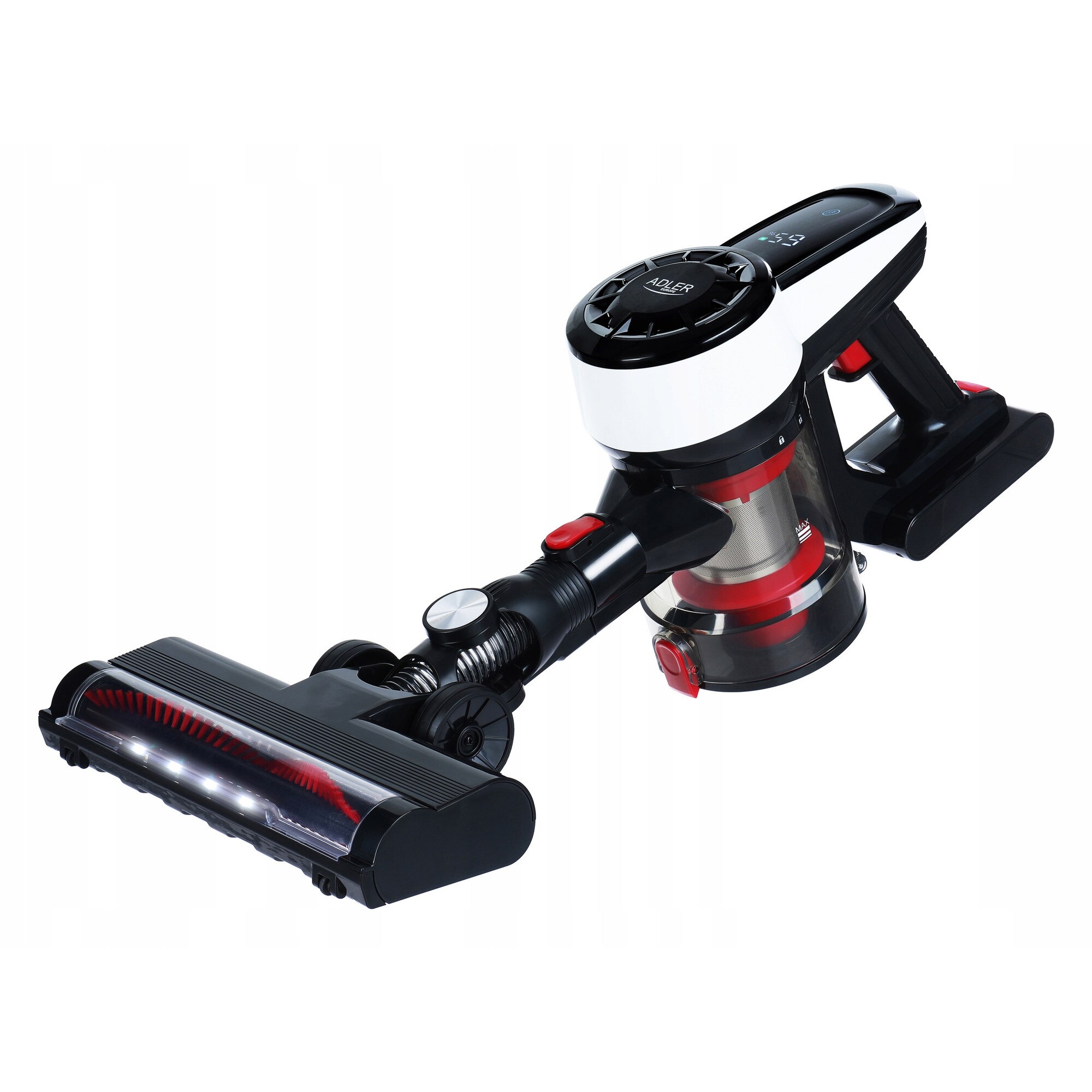 Aspirator vertical Adler 350W, HEPA, fara sac, alb-negru, cu accesorii si suport de perete