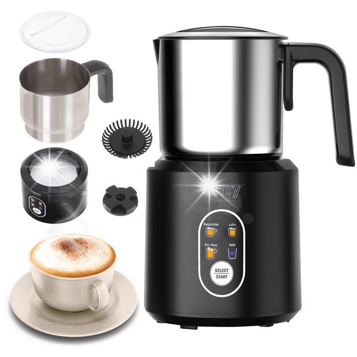 Spumator de lapte Camry CR 4498, 500W, negru, capacitate 350ml lapte cald, 250ml spuma