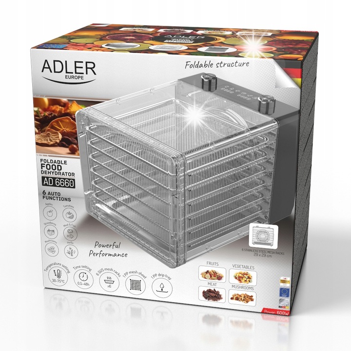 Дехидратор Adler AD 6660, 600W, 6 автоматични програми, 30-75°C, 426x312x293мм, комплект с 6 поставки от неръждаема стомана