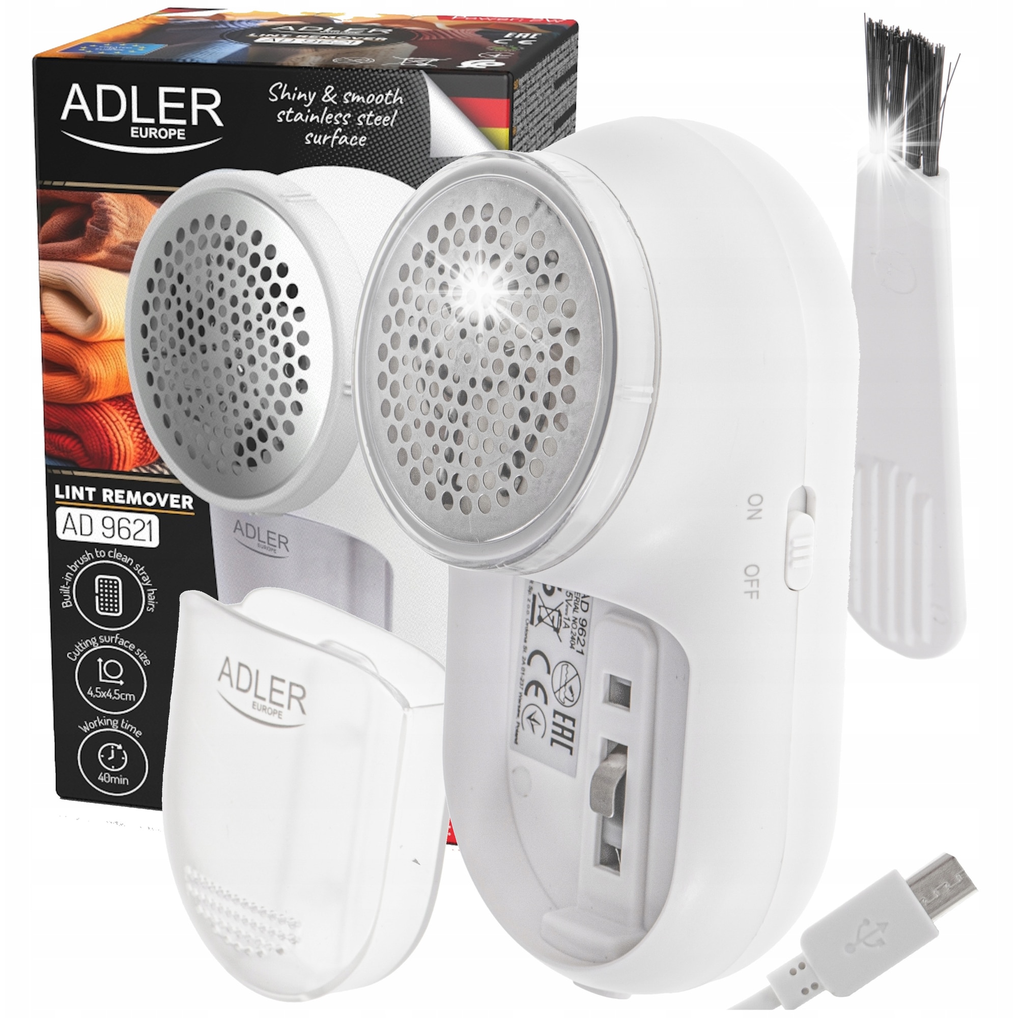 Aspirator pentru haine Adler AD 9621, 4.5x4.5cm, alimentare USB, 40 minute autonomie