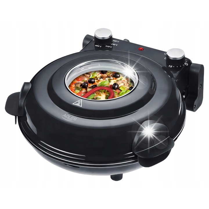Електрическа фурна за пица Adler, 1200W, 5 температурни степени, черна, 37x35x17см, комплект с 2 шпатули