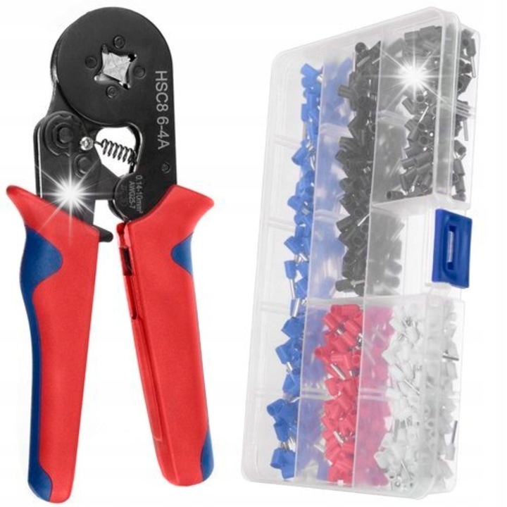 Érvéghüvely fogó, Iso Trade, 0,14-10mm2, készlet 500 érvéghüvellyel, 18x7-16x4cm