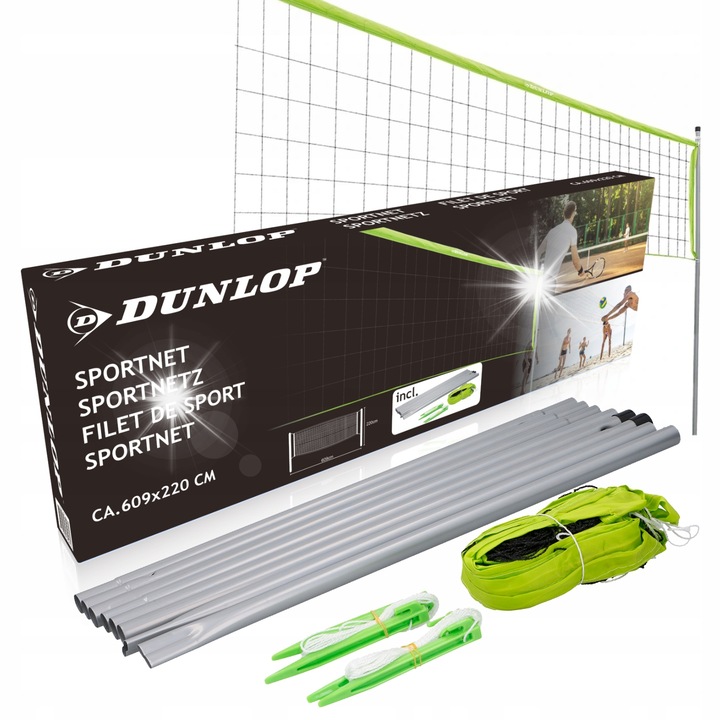 Dunlop badminton és röplabda háló szett, 6m x 2,2m, fekete, fém tartókkal