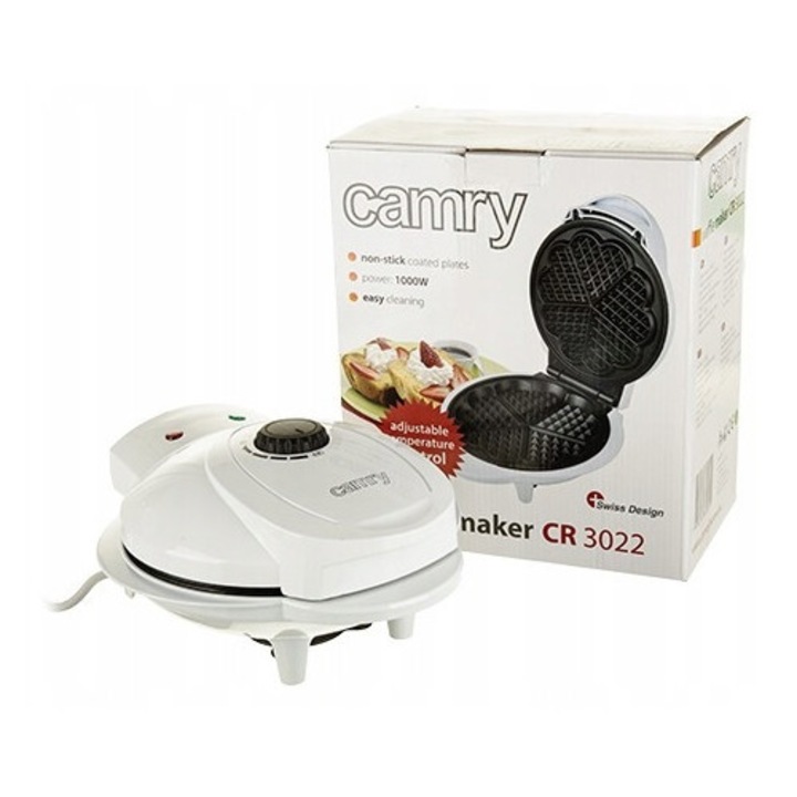 Aparat de vafe Camry CR 3022, 1000W, 5 vafe in forma de inimioare, alb