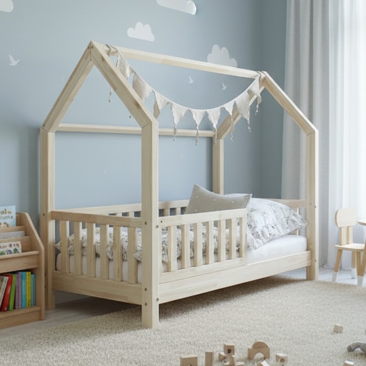 Детско легло къщичка Монтесори, Little Amy, Тимбър Слийп, Натурален, Парапети с плоски пръчки, 70 x 140 см