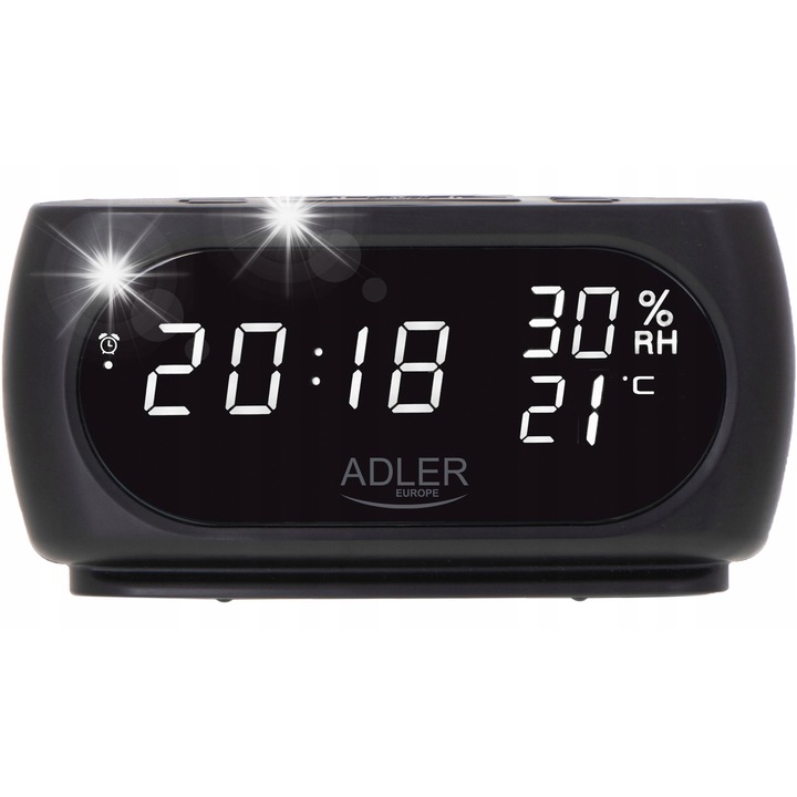 Ceas decorativ, Adler, AD 1186, 4 in 1, termometru si higrometru, LED, 18x9x7cm