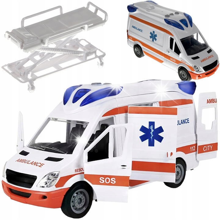 Ambulanta jucarie, Kruzzel, semnale sonore si luminoase, usi deschise, set cu targa, alb-portocaliu-albastru