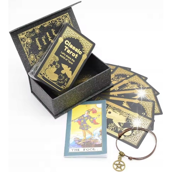 78 tarotkártya szett Karty Tarota, PVC aranyfóliával, 12x7cm