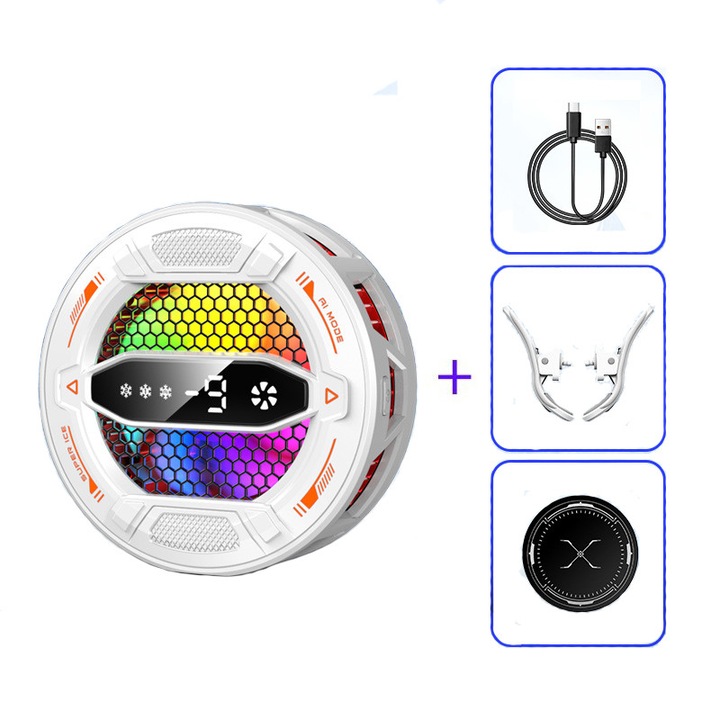 Cooler Telefon, Control inteligent al temperaturii AI, Racire cu semiconductori, Afisaj digital, Racire cu 3 viteze, Adaptare universala, Alb