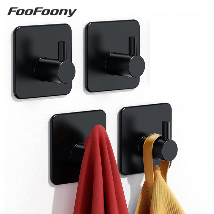 4 Bucati Capse Patrate Negre 14cm cu Montaj Fara Gauri, din Otel Inoxidabil Durabil, Suport Adhesiv Rezistent pentru Prosoape, Haine, Genti, Usor de Instalat, Rezistent la Rugina si Ulei, Potrivit pentru Baie, Bucatarie, Coridor – Negru