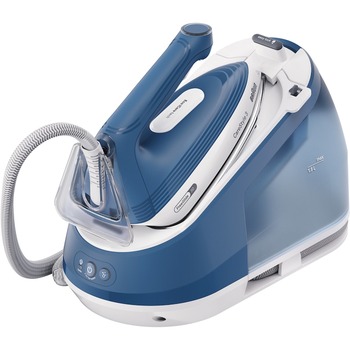 Statie de calcat Braun CareStyle 3 IS3255BL, 2200W, 7 bari, abur variabil 130g/min, jet de abur 480g/min, rezervor detasabil 1.8L, tehnologie Eco iCare, tehnologie FreeGlide, talpa EloxalPlus, sistem decalcifiere Easy CalcClean, oprire automata, albastru