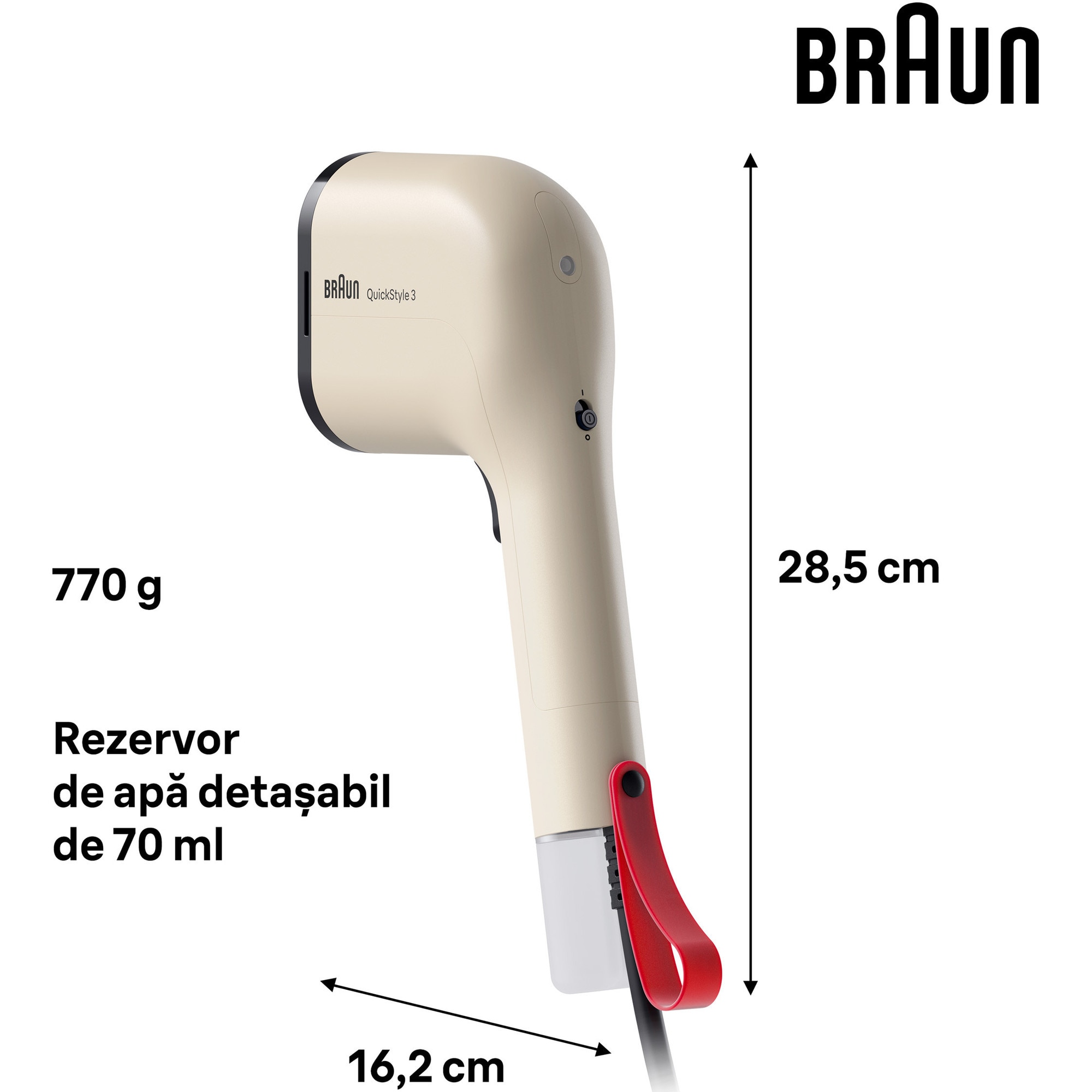 Aparat de calcat vertical cu abur BRAUN GS3012BG, 1100W, abur variabil 20 g/min, rezervor detasabil 70 ml, tehnologie FastSteam, tehnologie iCare, incalzire rapida 30 sec, husa calatorie, accesoriu scame, bej