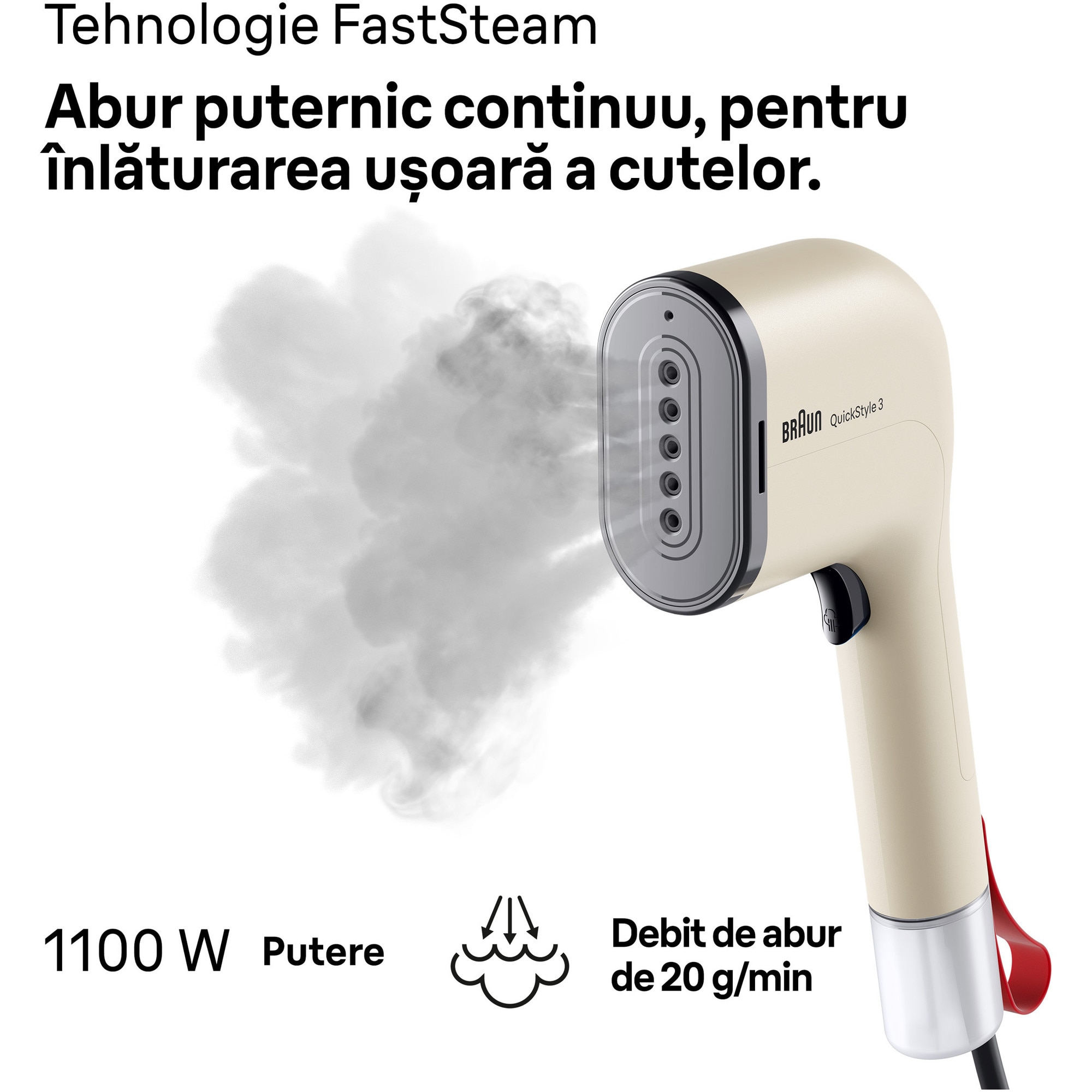 Aparat de calcat vertical cu abur BRAUN GS3012BG, 1100W, abur variabil 20 g/min, rezervor detasabil 70 ml, tehnologie FastSteam, tehnologie iCare, incalzire rapida 30 sec, husa calatorie, accesoriu scame, bej