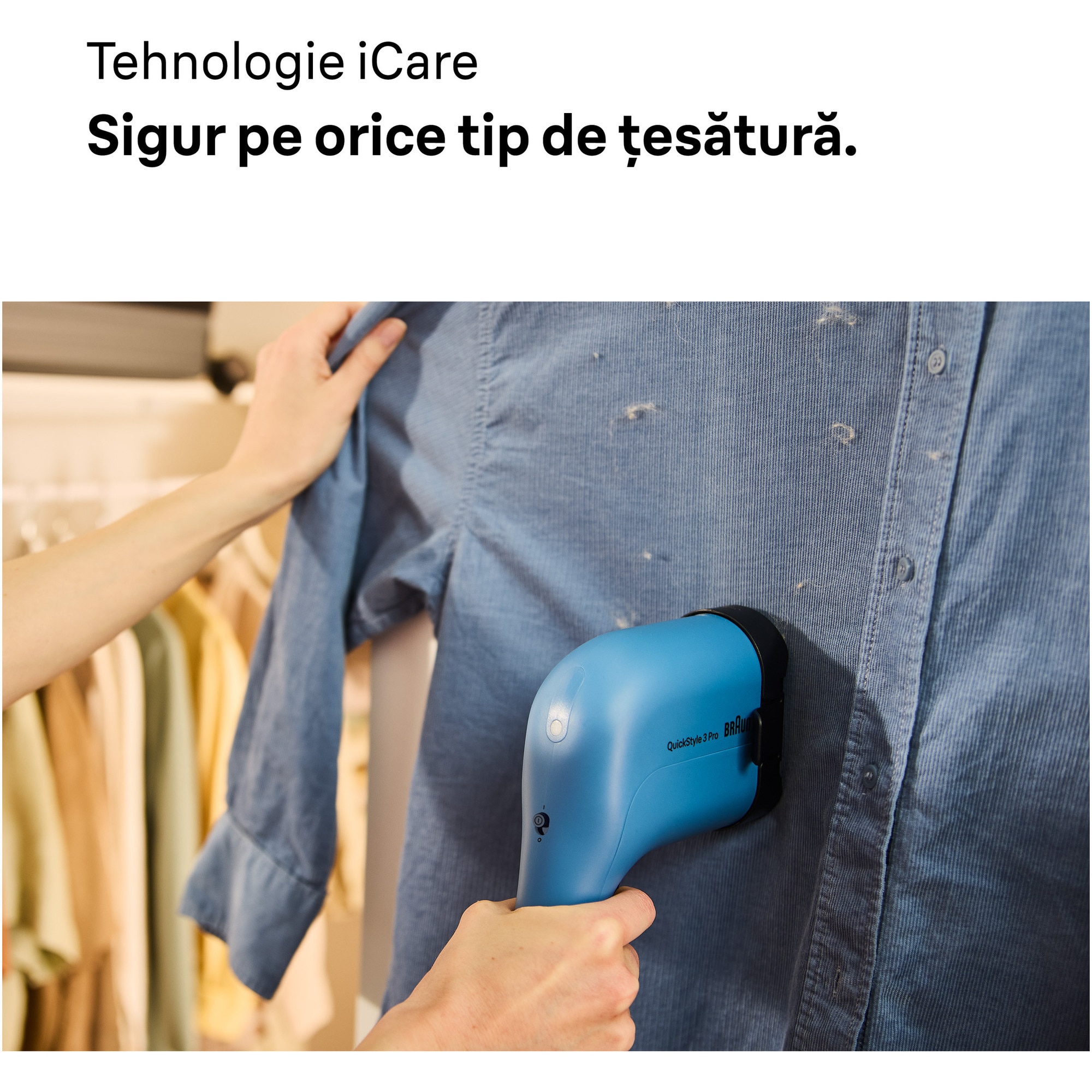 RESIGILAT: Aparat de calcat vertical cu abur BRAUN GS3024BL, 1100W, abur variabil 22 g/min, 2 rezervoare detasabile 70 + 120 ml, tehnologie FastSteam, tehnologie iCare, incalzire rapida 30 sec, husa calatorie, perie, accesoriu scame, albastru