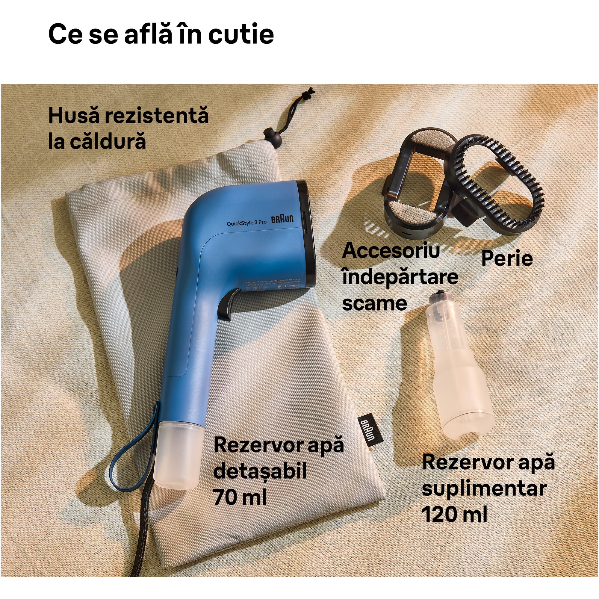 RESIGILAT: Aparat de calcat vertical cu abur BRAUN GS3024BL, 1100W, abur variabil 22 g/min, 2 rezervoare detasabile 70 + 120 ml, tehnologie FastSteam, tehnologie iCare, incalzire rapida 30 sec, husa calatorie, perie, accesoriu scame, albastru