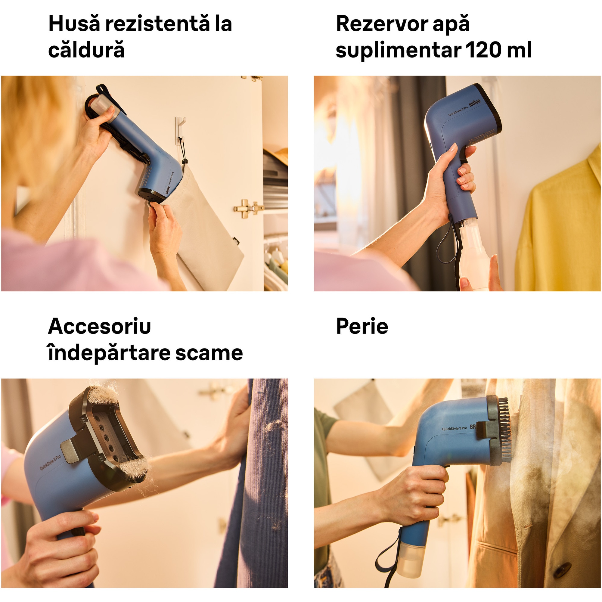 RESIGILAT: Aparat de calcat vertical cu abur BRAUN GS3024BL, 1100W, abur variabil 22 g/min, 2 rezervoare detasabile 70 + 120 ml, tehnologie FastSteam, tehnologie iCare, incalzire rapida 30 sec, husa calatorie, perie, accesoriu scame, albastru