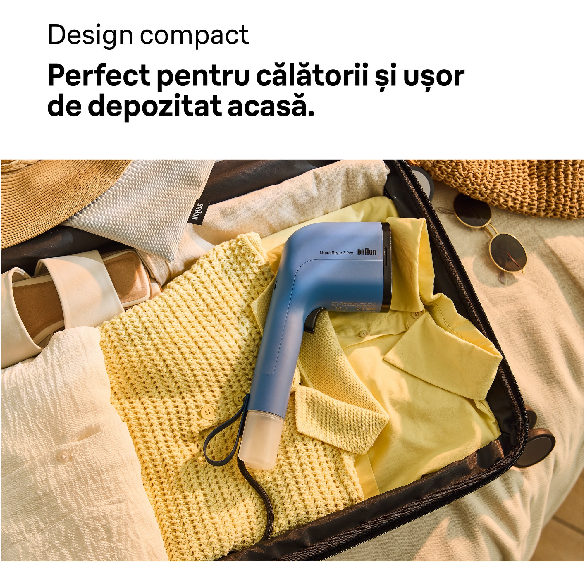 RESIGILAT: Aparat de calcat vertical cu abur BRAUN GS3024BL, 1100W, abur variabil 22 g/min, 2 rezervoare detasabile 70 + 120 ml, tehnologie FastSteam, tehnologie iCare, incalzire rapida 30 sec, husa calatorie, perie, accesoriu scame, albastru