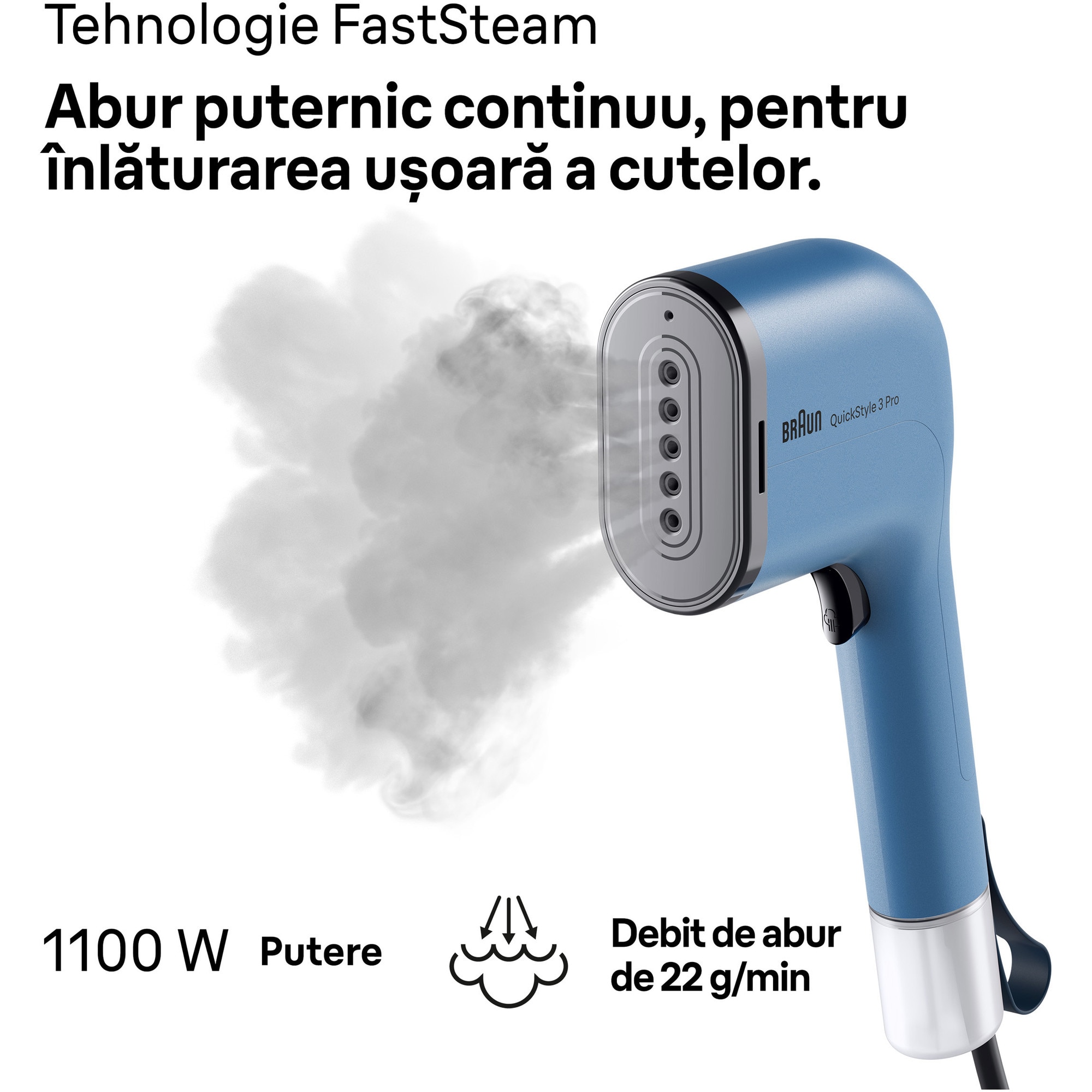 RESIGILAT: Aparat de calcat vertical cu abur BRAUN GS3024BL, 1100W, abur variabil 22 g/min, 2 rezervoare detasabile 70 + 120 ml, tehnologie FastSteam, tehnologie iCare, incalzire rapida 30 sec, husa calatorie, perie, accesoriu scame, albastru
