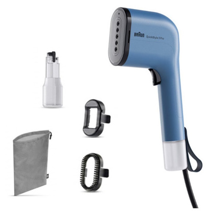 Aparat de calcat vertical cu abur BRAUN GS3024BL, 1100W, abur variabil 22 g/min, 2 rezervoare detasabile 70 + 120 ml, tehnologie FastSteam, tehnologie iCare, incalzire rapida 30 sec, husa calatorie, perie, accesoriu scame, albastru