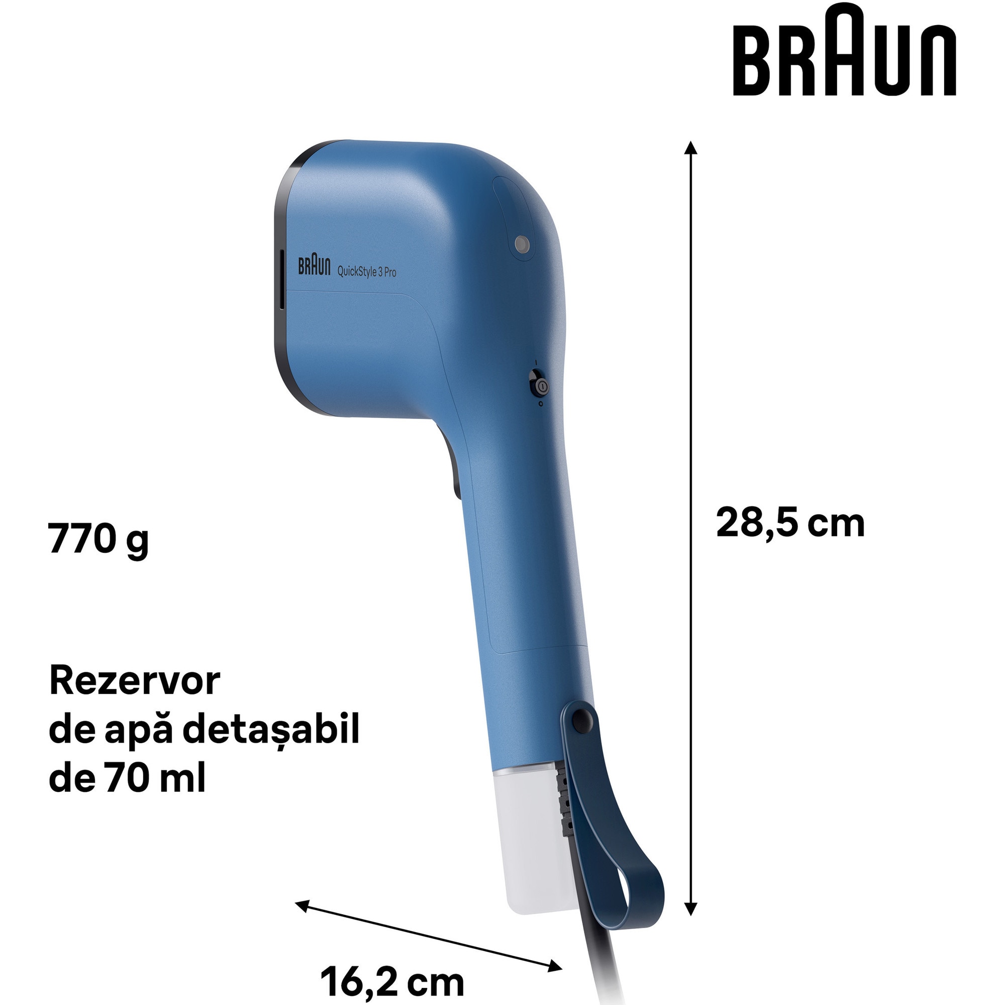 RESIGILAT: Aparat de calcat vertical cu abur BRAUN GS3024BL, 1100W, abur variabil 22 g/min, 2 rezervoare detasabile 70 + 120 ml, tehnologie FastSteam, tehnologie iCare, incalzire rapida 30 sec, husa calatorie, perie, accesoriu scame, albastru