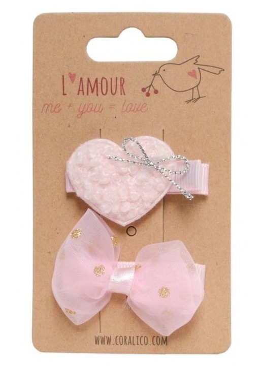 Set klipsuri cu inimioara si fundita Coralico, roz, 109x69mm