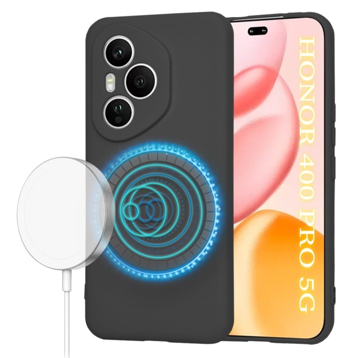 Husa pentru Honor 400 Pro, SKYDDAR INNOVATION, din Silicon Catifelat, SoftFlex Magsafe, set cu sticker, Negru