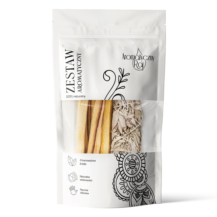 Set parfumant Palo Santo si Salvie alba, Aromatyczny Raj, 4-6 bucati, 10cm, 45g