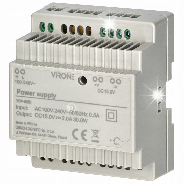Sursa de alimentare Virone, sina DIN de 15V, 2A, 30W, pentru interfon video