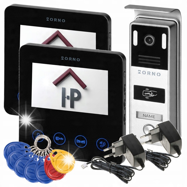 Set videointerfon Orno, 2 monitoare 4,3", camera color, cititor RFID, negru