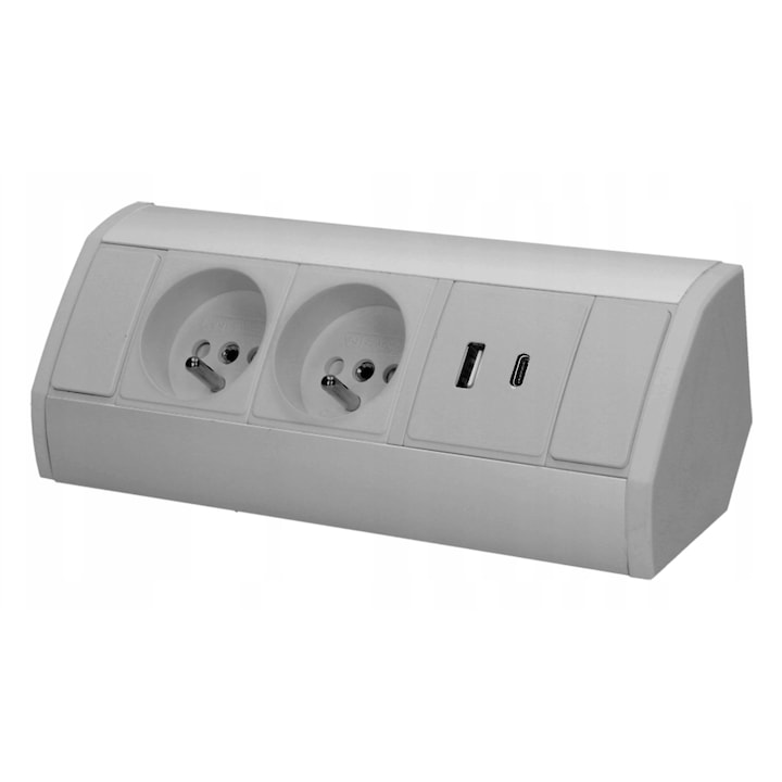 Gniazdo meblowe 2x2P+Z, 2xUSB A+C, 2,4A, saro-silver, 64x199x64mm, set
