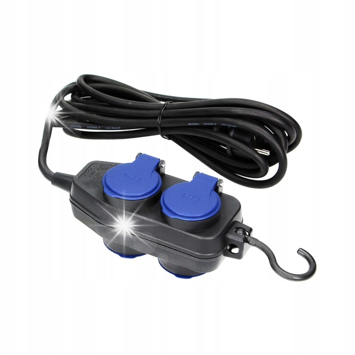 Работен удължител, 4 гнезда 2P+Z, IP44, гумен кабел 10м, черно-син