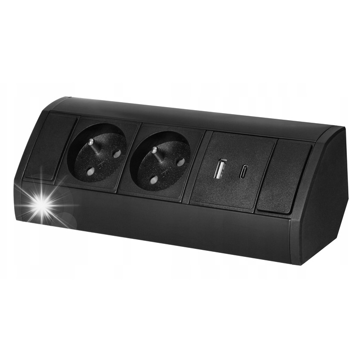 Мебелен контакт с 2x гнезда тип E и 2x USB-A+C, 2,4A, Цвят черен, Размери 64x199x64мм, Комплект