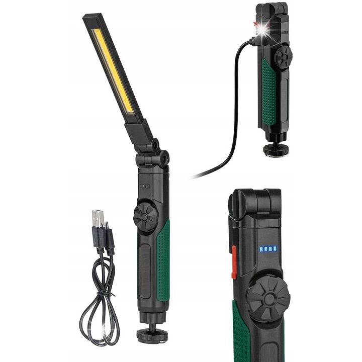 LED фенер 5W Virone, батерия 1500mAh, USB-C, черен/зелен, 395x35x35мм