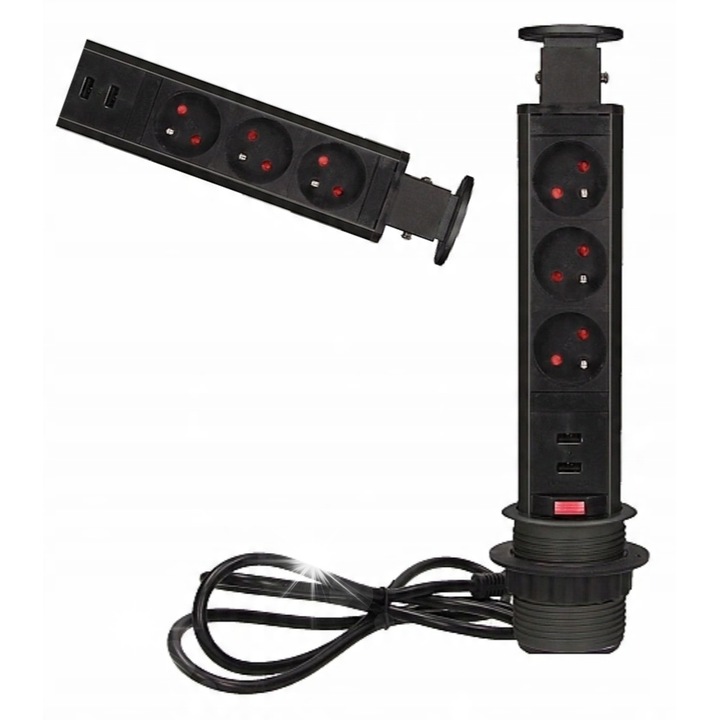 Вграден контакт, ORNO 3x 230V, 2x USB, черен, 84,4x84,4x315 мм