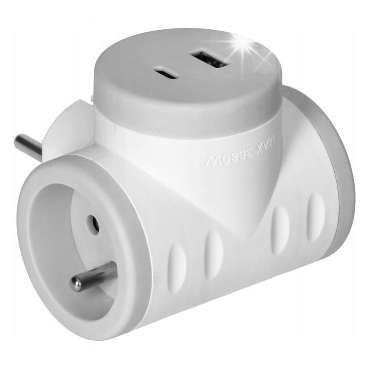 Splitter electric ORNO, 2xUSB, incarcare rapida, gri, 16A, 3680W