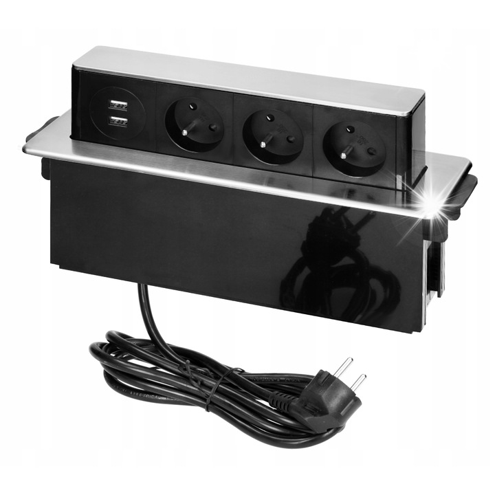 Gniazdo meblowe cu USB, Orno, 3 gniazda tip E, 2 porturi USB, negru-argintiu, 273,5x92,5x97,2mm