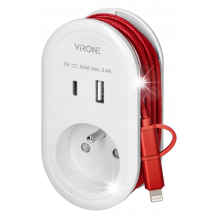 Adaptor de priza cu incarcator Virone CS-2, 3-in-1 USB A + USB-C (incarcare 5V 3,4A total), cablu 2-in-1 USB-C/Lightning 0,8 m, French (tip E), alb/rosu