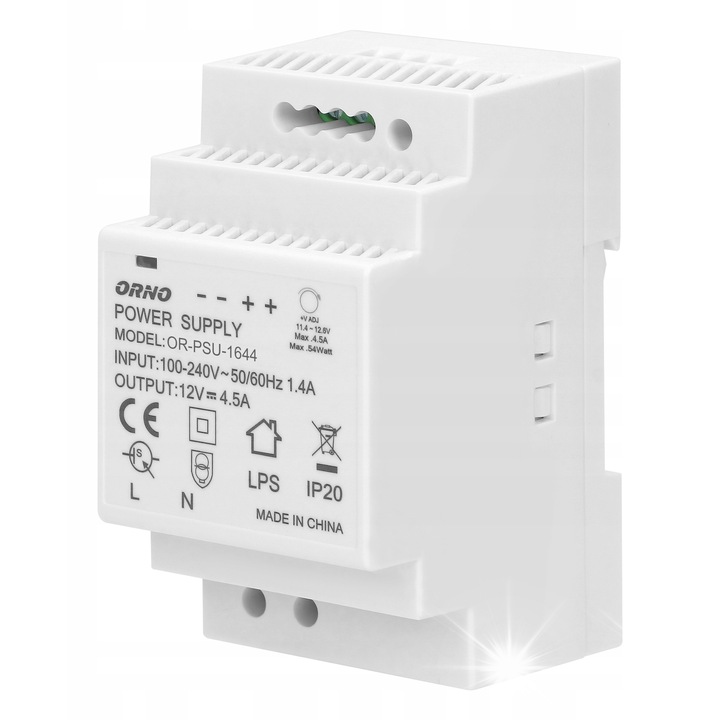 Alimentator cu sina DIN 12V 4,5A 54W, Orno, pentru aplicatii CCTV, 3 module, IP20