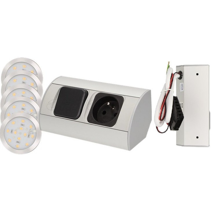 Комплект мебелни контакти Orno OR-AE-1318, 1x230V контакт със заземяване и превключвател, вграден LED захранващ блок, 5x LED SMD 2835 2W 3000K тела, сребрист, 1 комплект