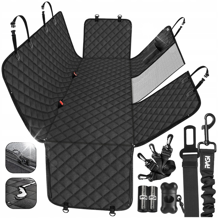 Covoras pentru caini, Ragi, waterproof, universala, neagra, 145x140x40cm, set cu lesa si 2 pentru caini