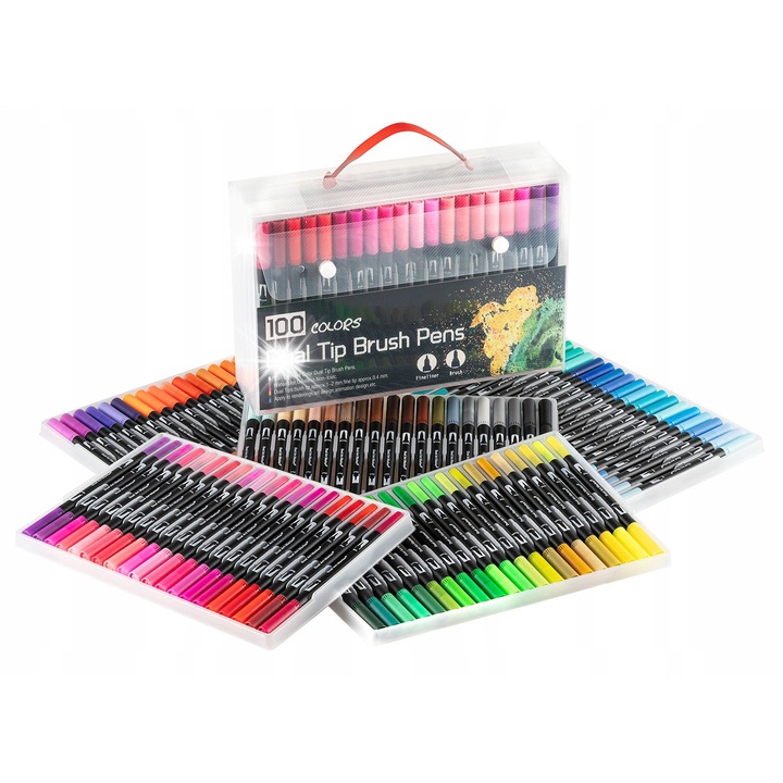 Set 100 Markere Acuarela Ragi, cu Doua Varfuri, Multicolor, 16cm