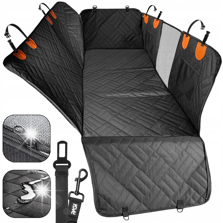 Husa pentru caini pentru masina Ragi, impermeabila, neagra cu accente portocalii, 127x62cm, cu burtiera de siguranta si buzunare pentru accesorii
