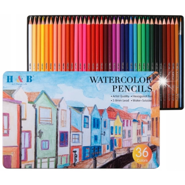 Set 36 creioane acquarelle Ragi, metalice, cu pensula, rezistente la umiditate, 31x19x2cm