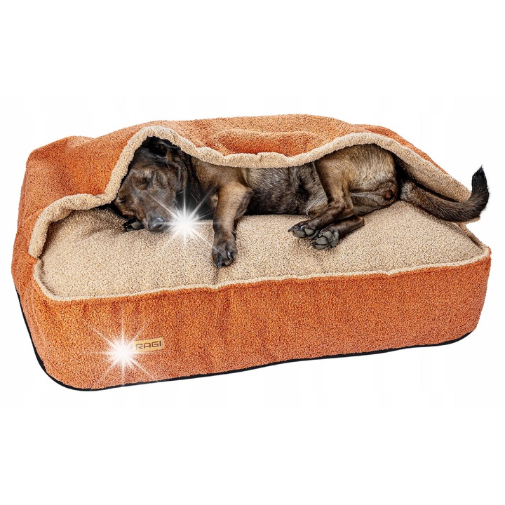 Culcus pentru caini Ragi Norka, portocalie-bej, 80x60cm, cu buzunar si maner de transport