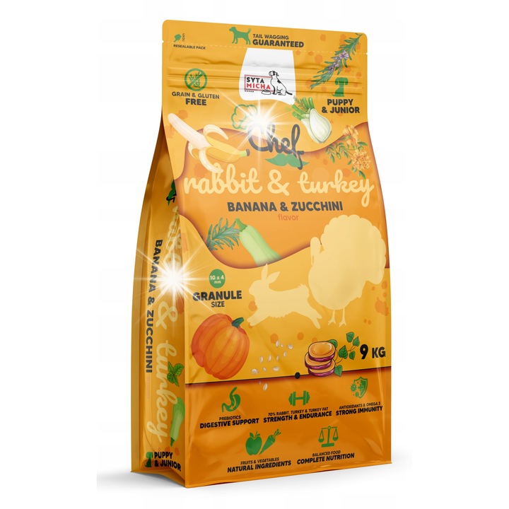 Hrana uscata pentru caini, Syta Micha, carne de iepure si curcan, banana si dovlecel, 9 kg